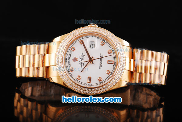 Rolex Day Date II Automatic Movement Full Rose Gold with Double Row Diamond Bezel-Diamond Markers and White Dial - Click Image to Close